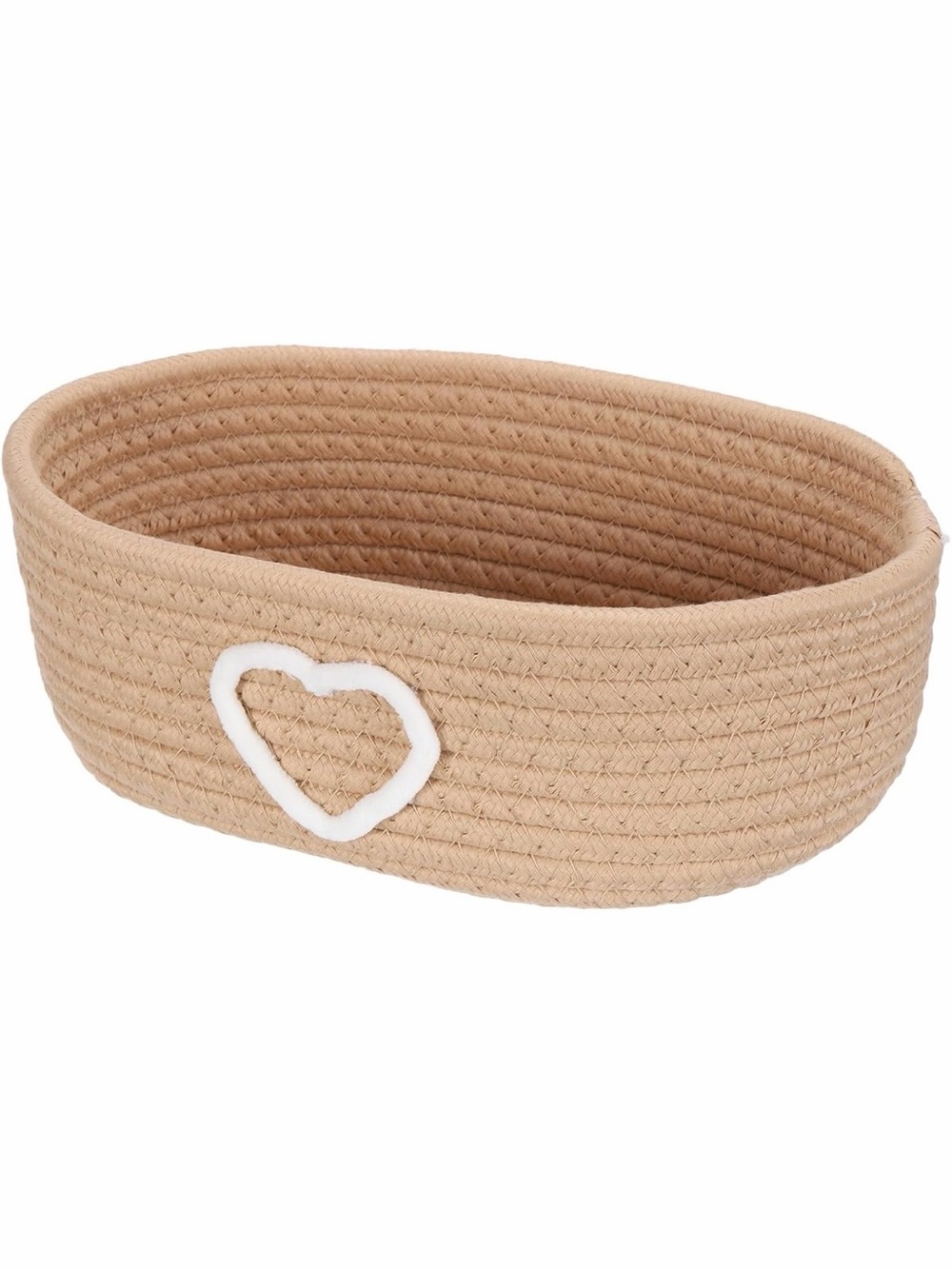 Handwoven Tan Rope Oval Storage Basket with Heart Accent